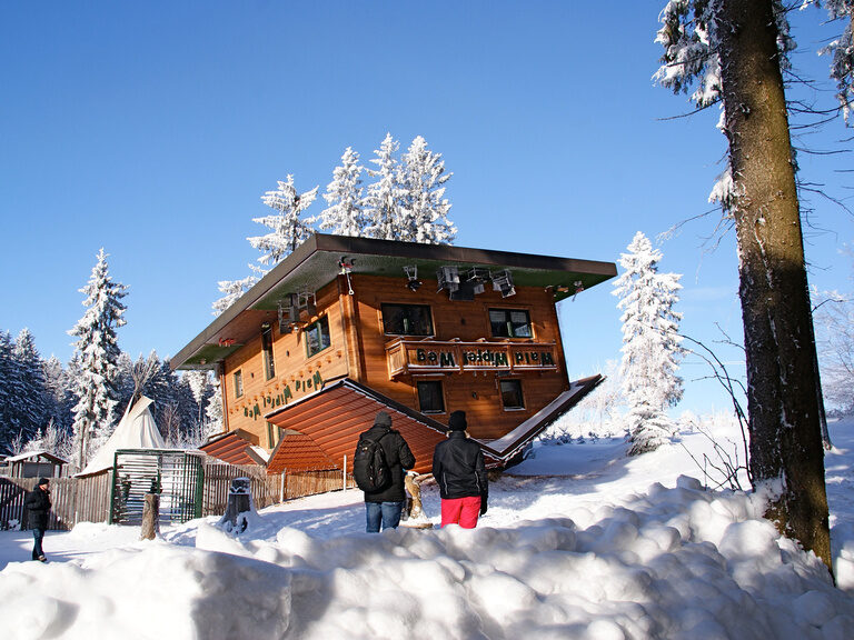 Ein Haus steht auf dem Kopf im Schnee - eine Attraktion am Waldwipfelweg im Bayerischen Wald.